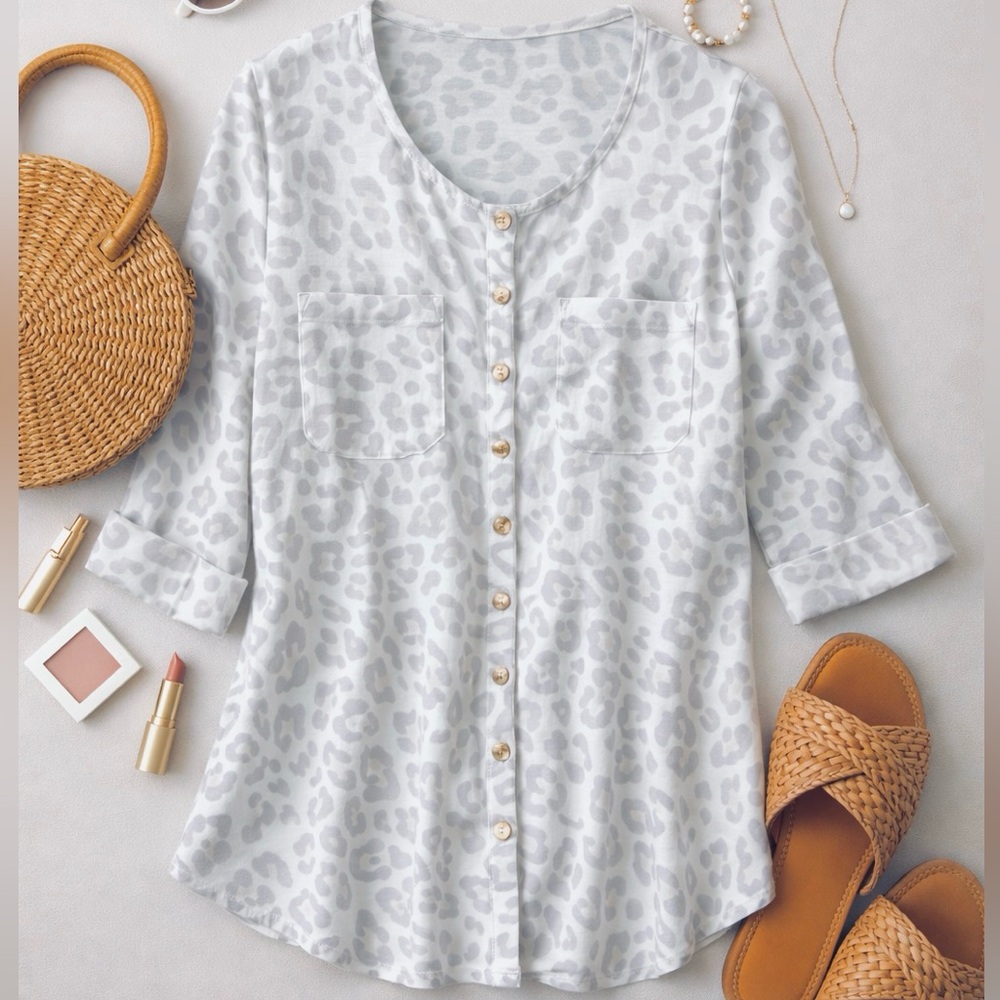 JM Collection 100% Linen Gray Leopard Print Button Down Shirt Top Women 10 Boho